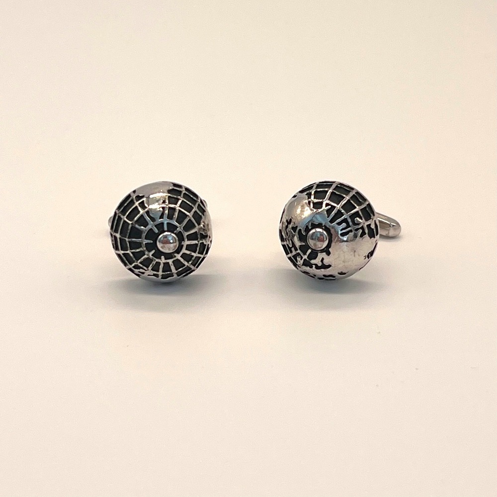 Hickok Black Silver Tone Globe Cuff Links Vintage World Travel Formal